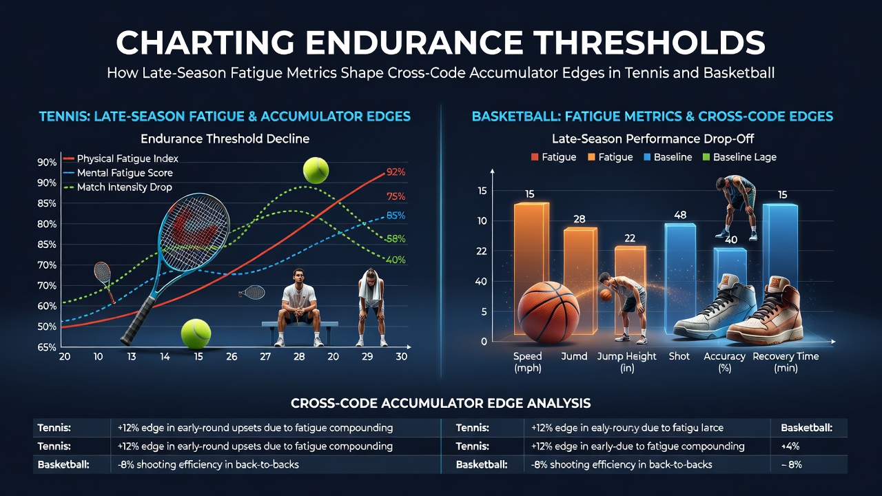 Endurance tracking dashboard showing tennis and basketball player fatigue metrics for late-season accumulator analysis
