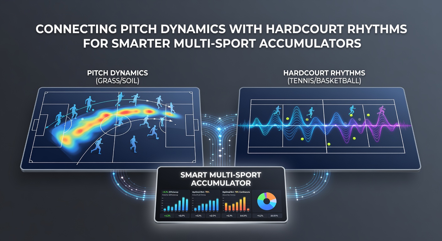 Split-screen view of soccer pitch pressing lines and basketball court transition routes used in cross-sport accumulator research