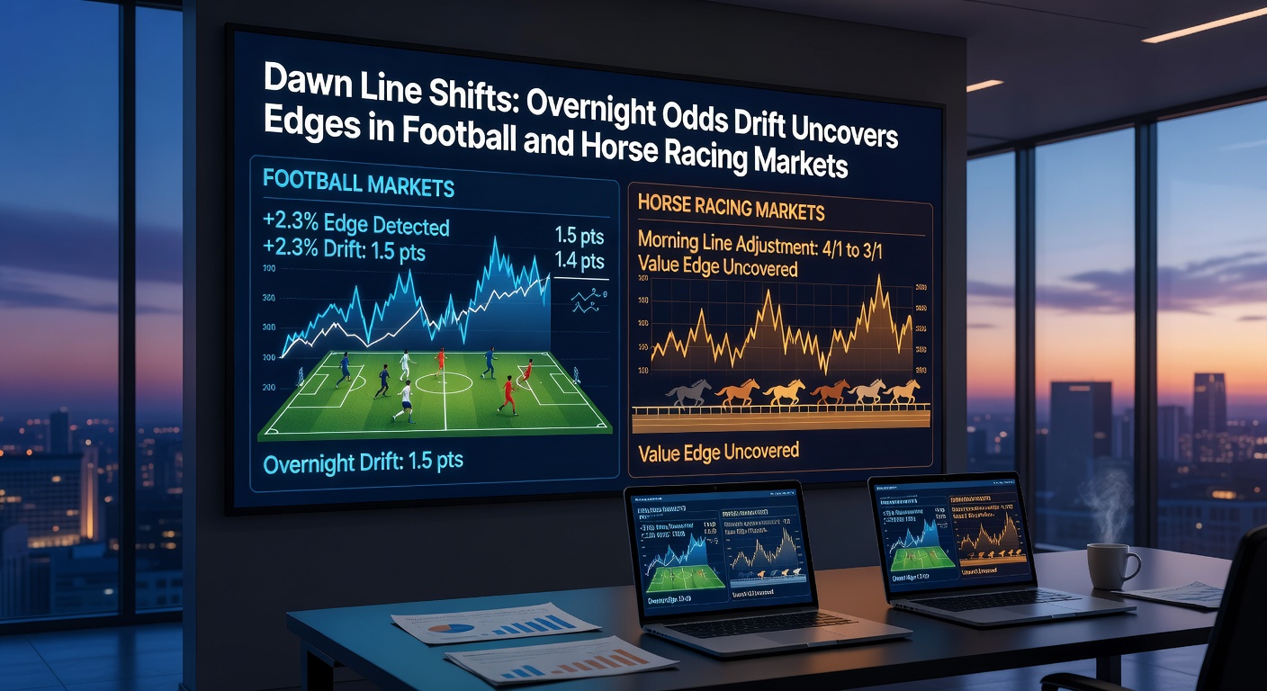 Visual of horse racing odds board at dawn with drifting prices on favorites, contrasted against a football pitch odds screen