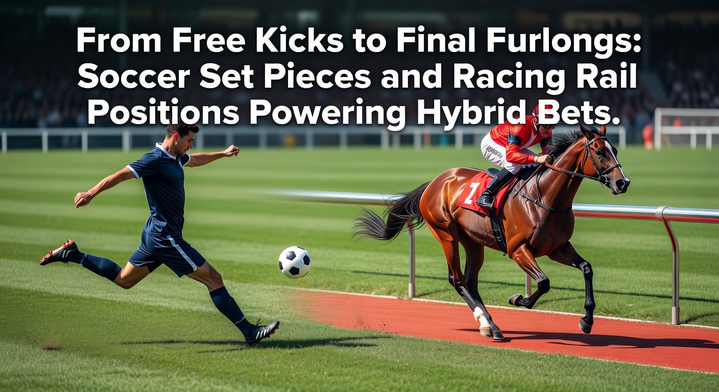 A dynamic split image showing a soccer player striking a free kick curving toward the goal while a horse races along the inside rail during a flat track event, highlighting the precision and strategy in both sports