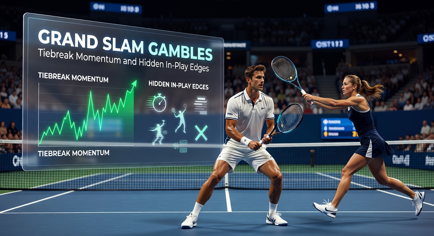 Close-up of a tiebreak point in a Grand Slam, with the score tied at 5-5 and crowd blurred in anticipation