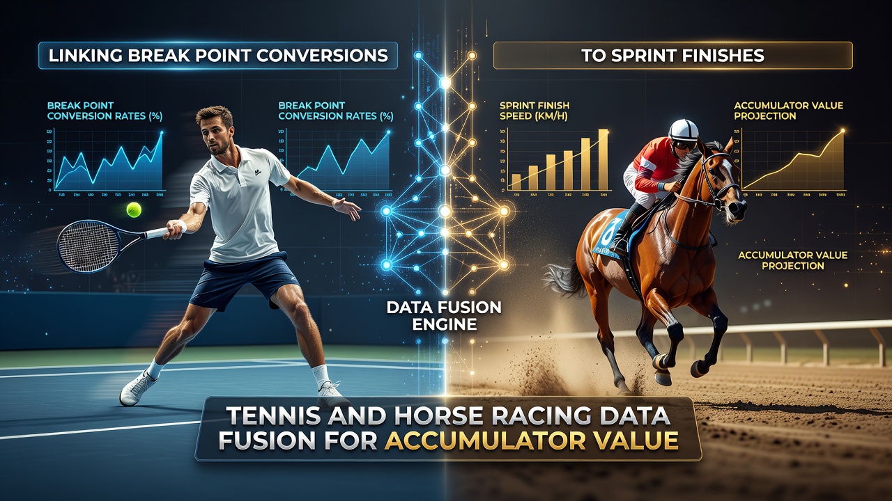 Tennis player executing a break point conversion alongside a horse racing sprint finish line photo overlay