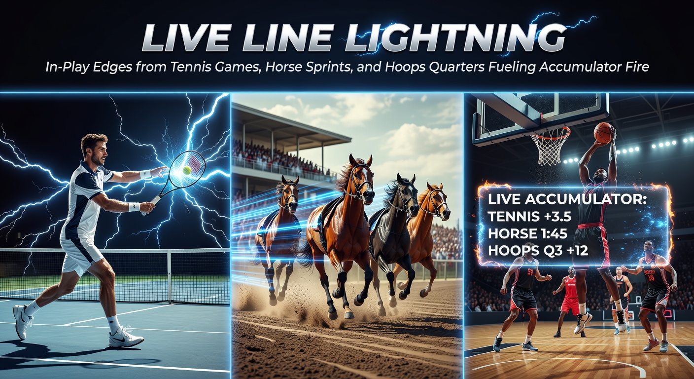 Dynamic split-screen capture showing a tennis player mid-serve, horses charging in a sprint race, and basketball players battling in a tight quarter, illustrating live in-play betting action across sports