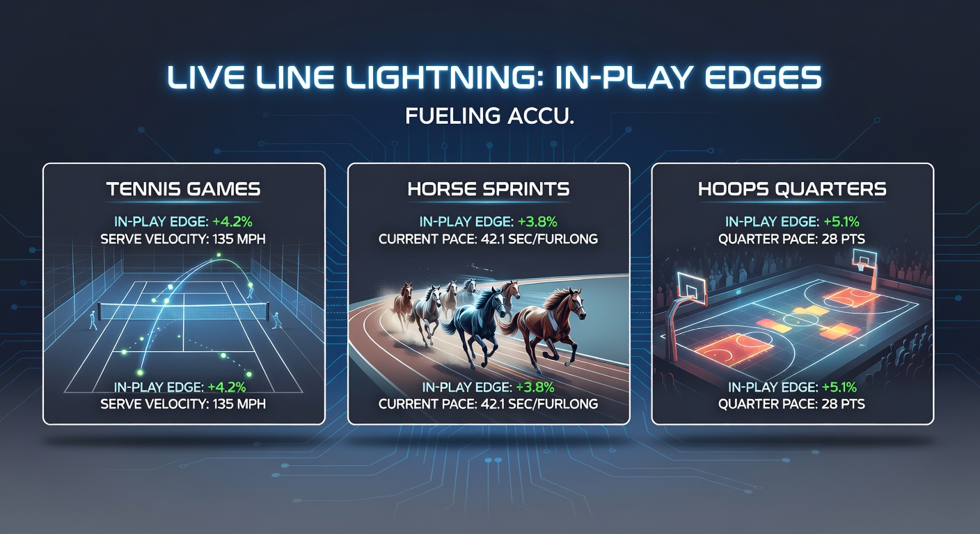 Close-up action shot of a horse powering down the straight in a sprint, overlaid with tennis net exchange and basketball fast break, highlighting accumulator synergy in live betting
