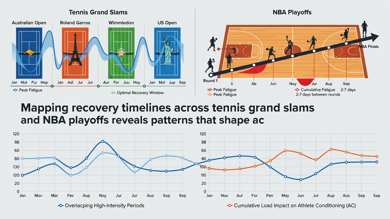 Detailed charts comparing rest intervals and performance metrics in tennis majors alongside NBA playoff series