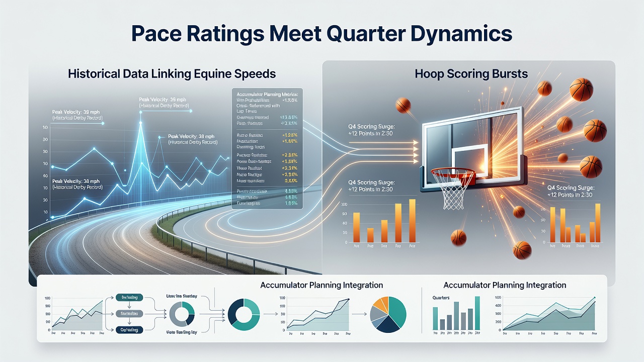 Historical charts displaying equine pace ratings alongside basketball quarter scoring bursts for accumulator analysis