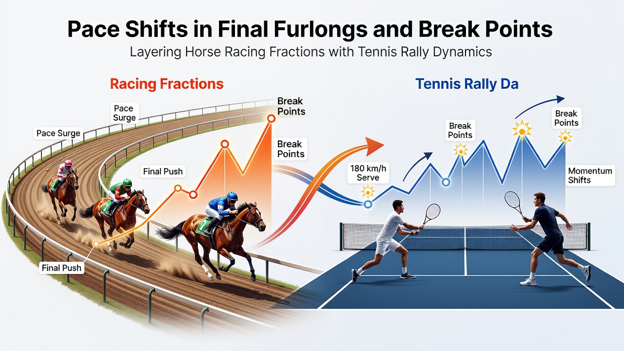 Visual dashboard displaying layered accumulator construction using horse pace fractions and tennis break point percentages