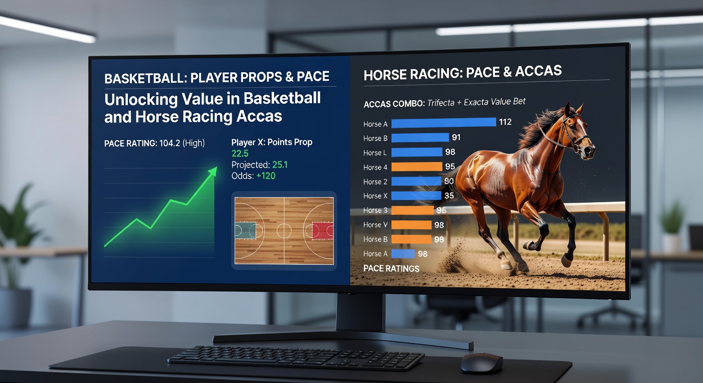 Split-screen visualization of an NBA fast break merging into a horse race pace collapse, illustrating prop bet overlaps in accumulators
