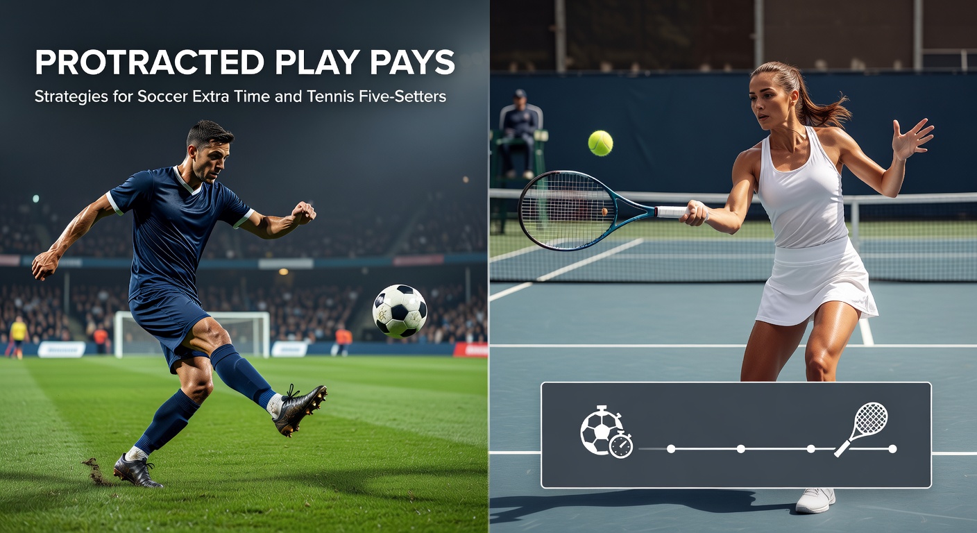 Intense soccer extra time clash with players fatigued under stadium lights, mirrored by a grueling tennis five-setter on clay courts