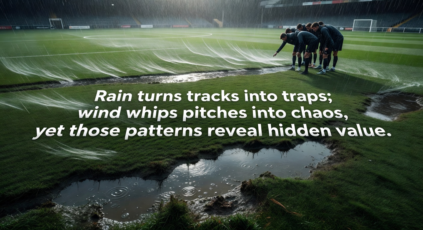 A soccer player slipping on a waterlogged pitch during a stormy match, illustrating how rain disrupts ball control and creates betting opportunities in altered game flows