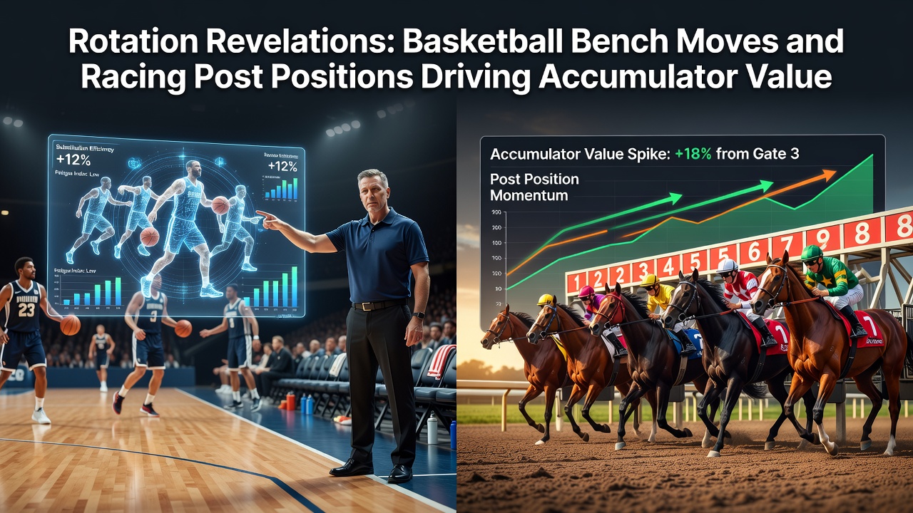 Basketball players on the bench during a timeout with coaches reviewing rotations next to a horse racing starting gate showing post positions