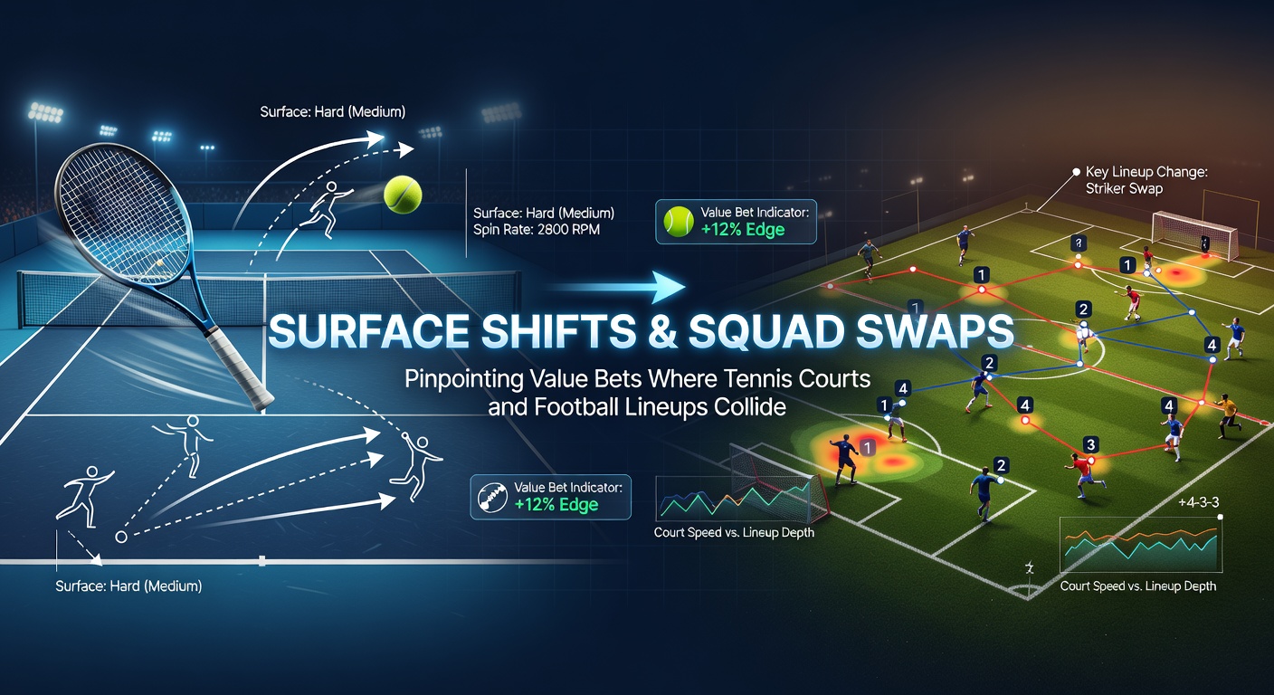 Tennis player sliding on clay court next to a football manager adjusting squad board, highlighting shifts in performance factors for betting value