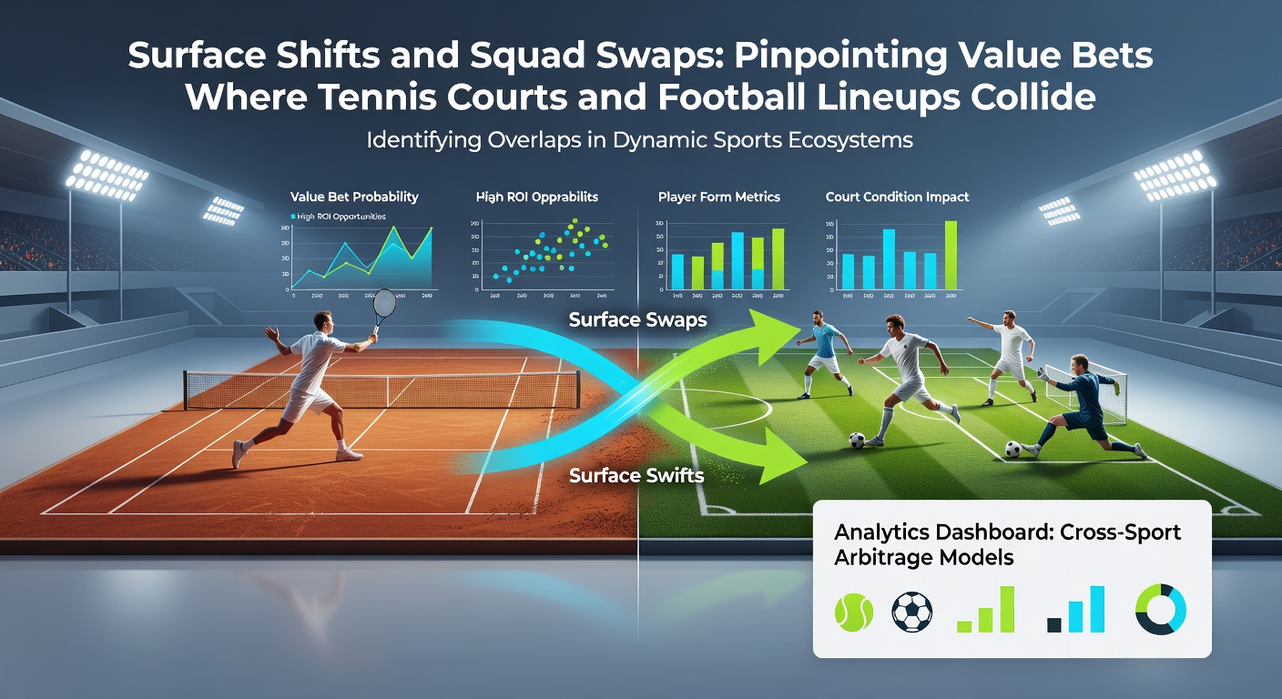 Split image of tennis net on grass transitioning to football pitch with lineup changes, symbolizing betting overlaps