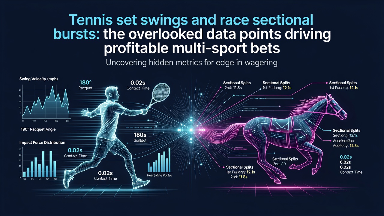 Tennis court with data overlays showing set swing patterns alongside horse racing track with sectional burst timings