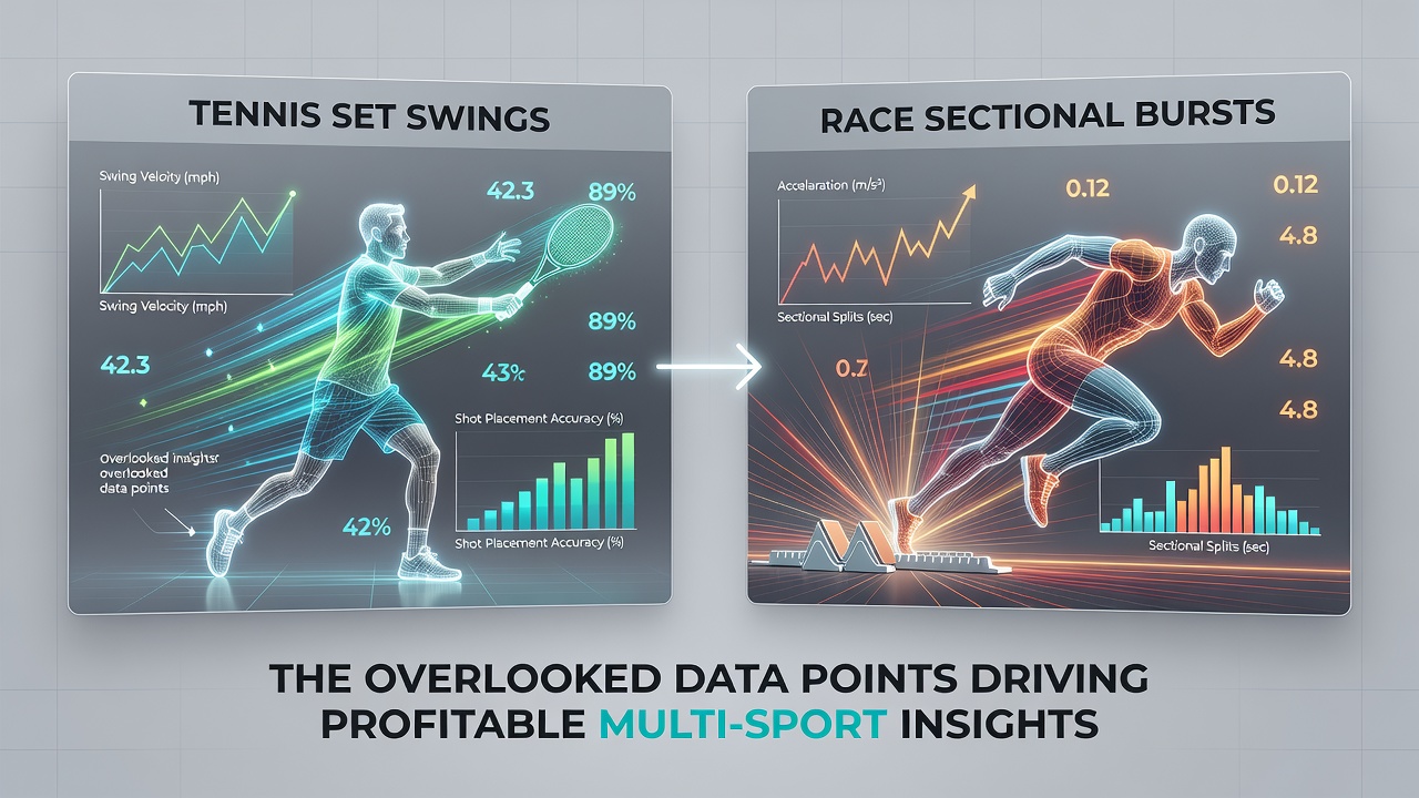 Split screen showing tennis player celebrating a comeback set next to a racehorse surging past the finish line with timing graphics