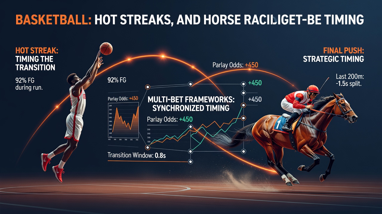 Basketball players executing a fast break alongside a horse approaching the finish line in a race, illustrating cross-sport momentum transitions