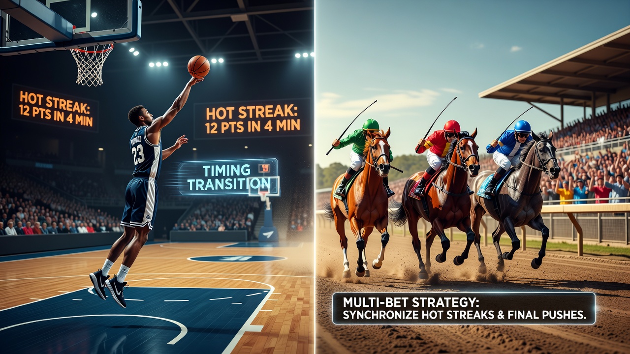 Strategic bettor reviewing live stats on multiple screens showing basketball game action and horse race results simultaneously